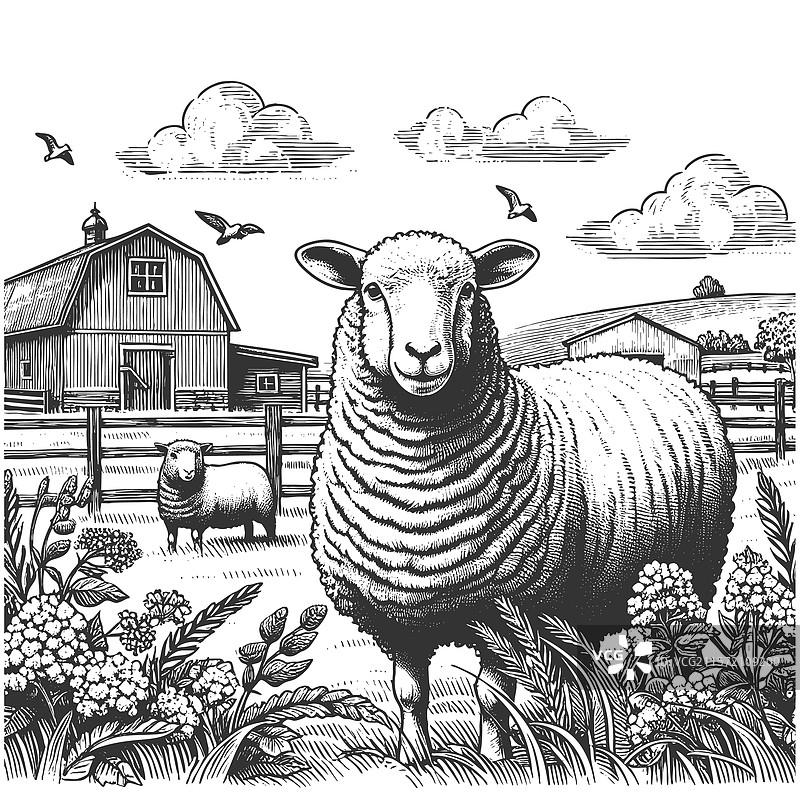 农场场景，羊群与谷仓图片素材