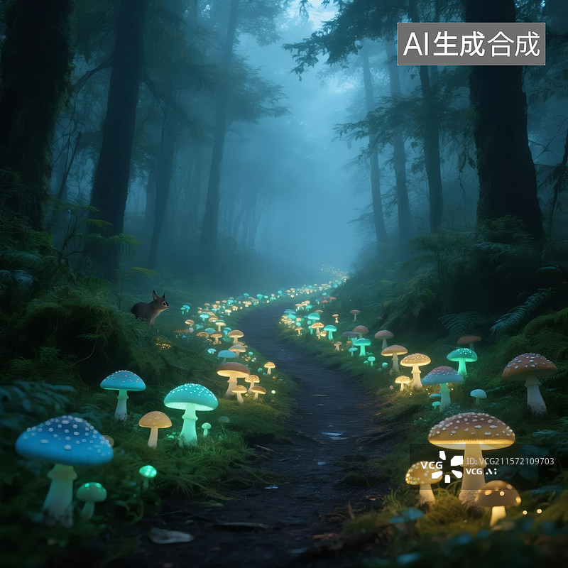 【AI数字艺术】发光蘑菇的奇幻森林小径图片素材