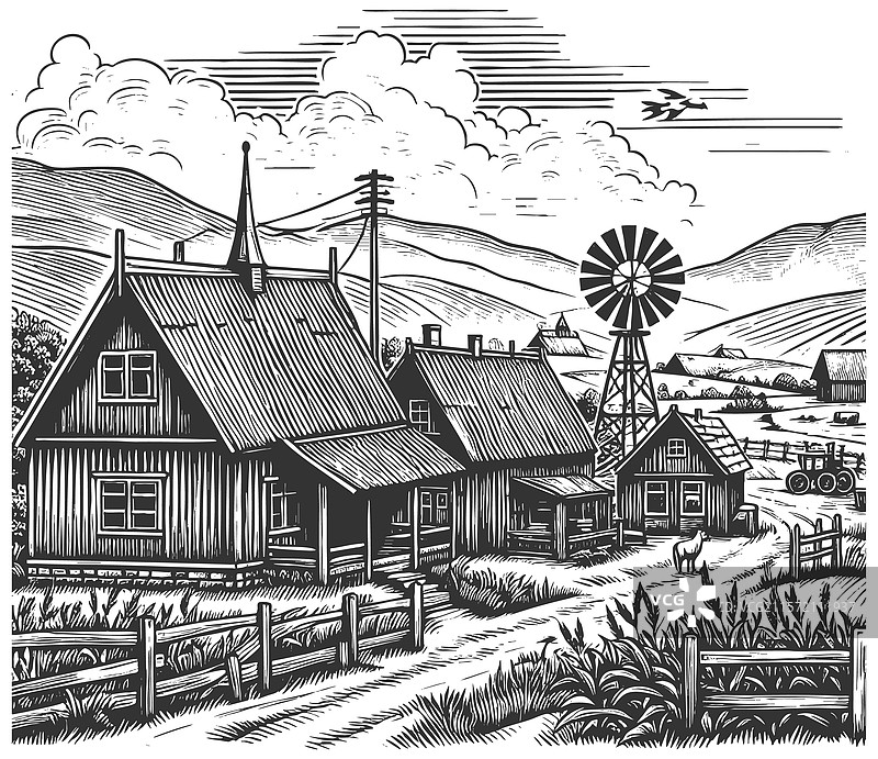 农场场景与马和谷仓图片素材