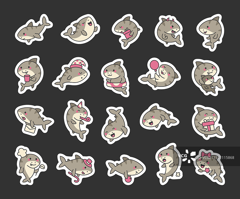 可爱的虎鲨卡通角色组合图片素材