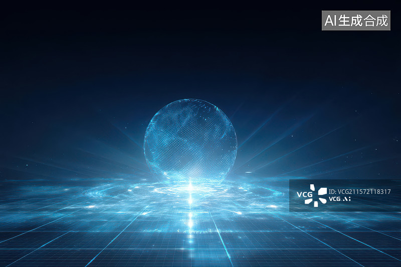【AI数字艺术】悬浮蓝光球体与网格平面的科技特效图片素材