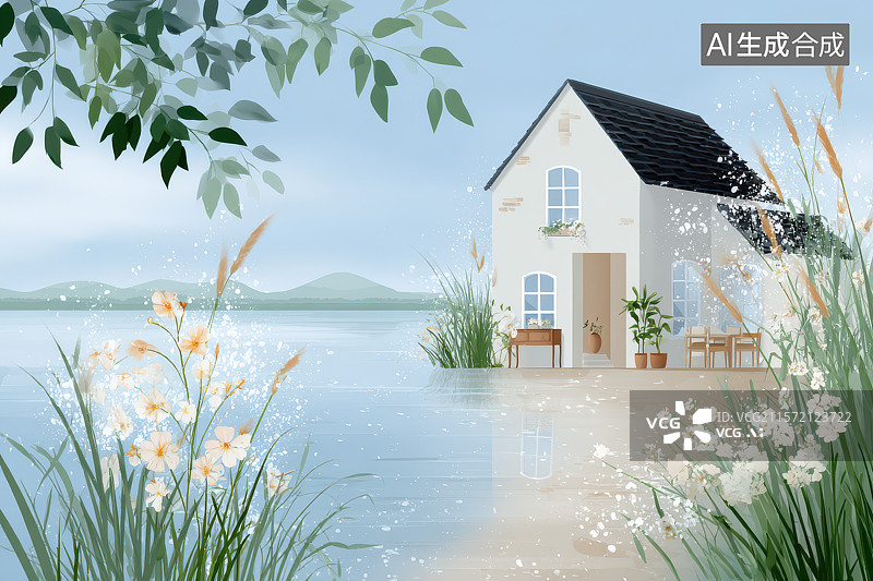 【AI数字艺术】水边玻璃屋的清新艺术插画图片素材