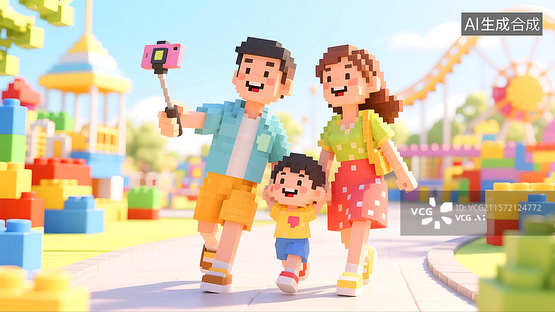 【AI数字艺术】3D立体三维C4D像素风夏天暑假一家三口全家福游乐场儿童公园快乐游玩旅行度假拍照图片素材