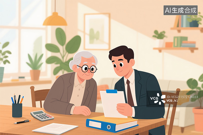 【AI数字艺术】室内家居场景中的老年人和年轻人互动介绍理财产品图片素材