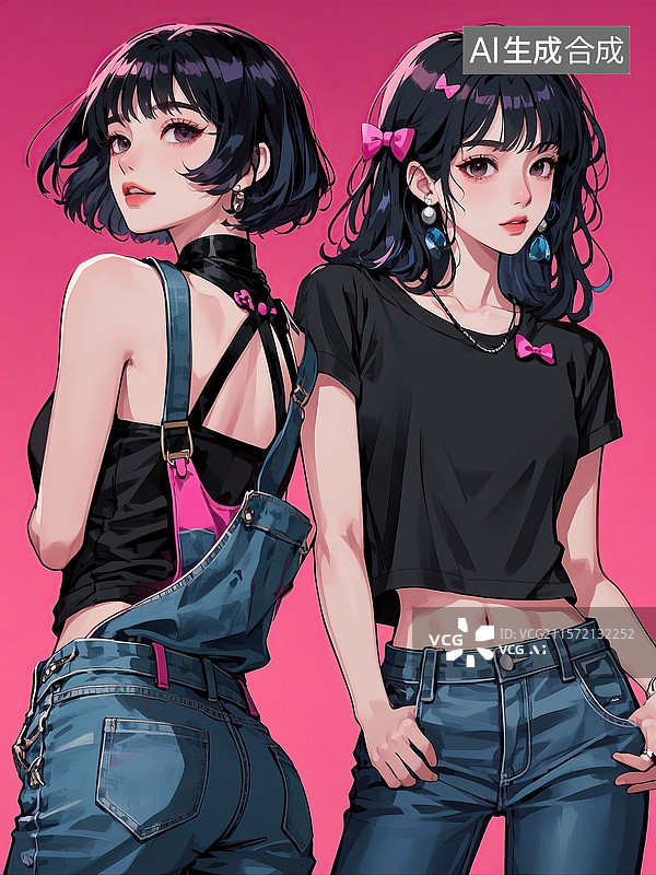 【AI数字艺术】穿背带裤的少女手绘插画图片素材