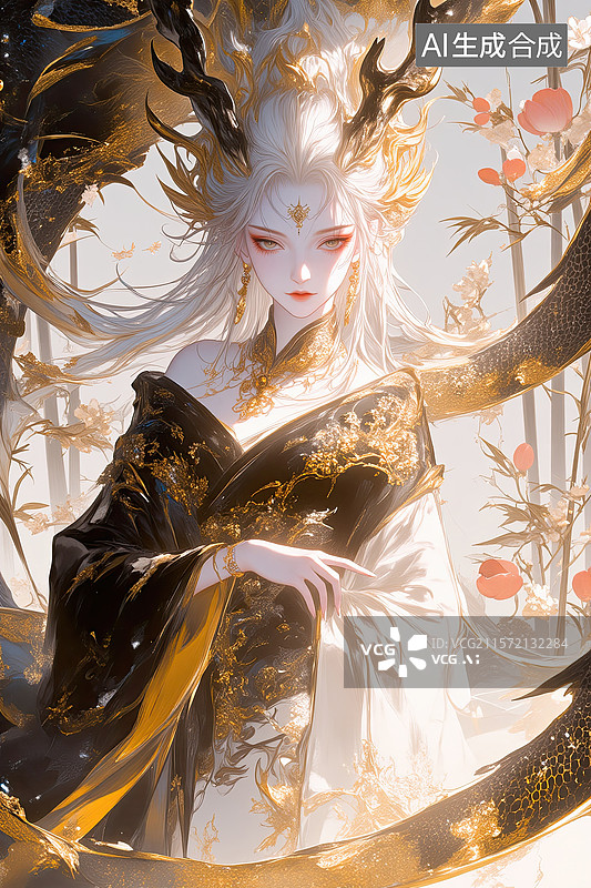 【AI数字艺术】华丽的白龙少女手绘插画图片素材