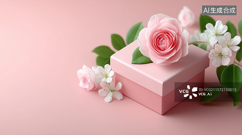 【AI数字艺术】粉色花朵与空白相框的静物布置图片素材