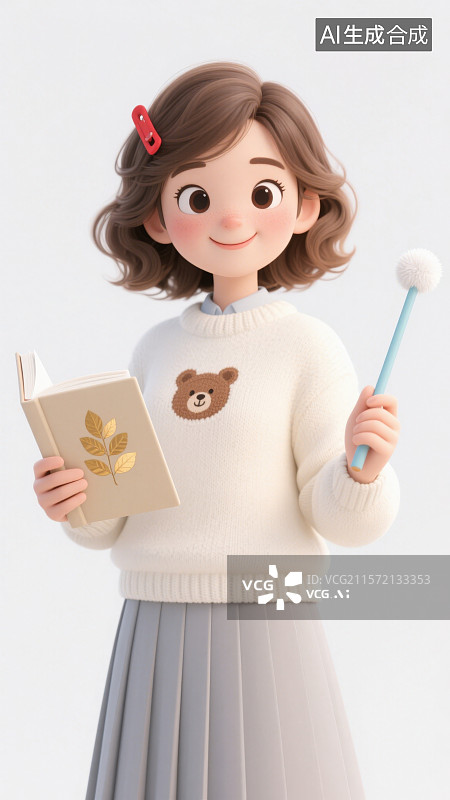 【AI数字艺术】白色背景下拿着书本和手持教棍女孩教师形象图片素材