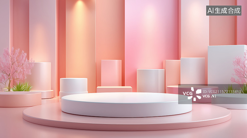 【AI数字艺术】粉色拱门背景的圆形舞台图片素材
