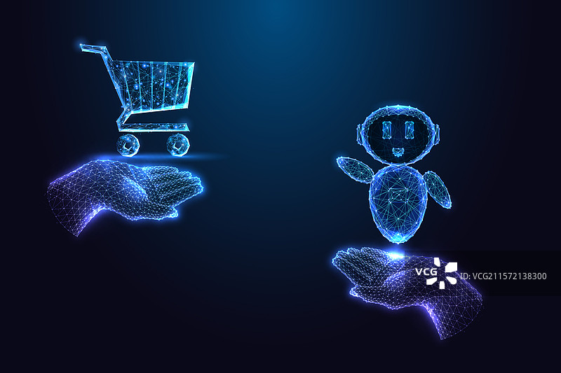 发光的手中握着AI聊天机器人和购物车图片素材