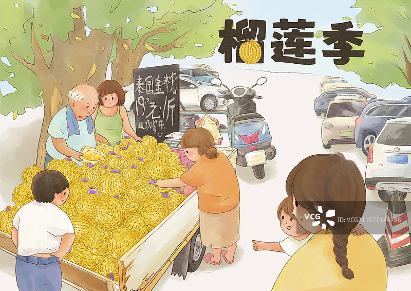 夏天流动摊点摆摊卖榴莲图片素材