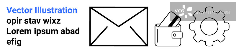 带有卡片和齿轮图标的邮件信封钱包图片素材