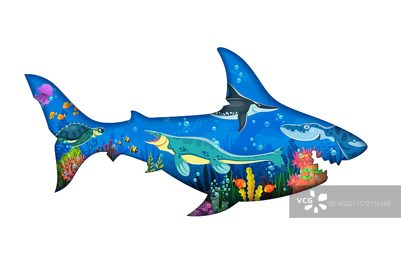 巨齿鲨与水下恐龙的巨大场景图片素材