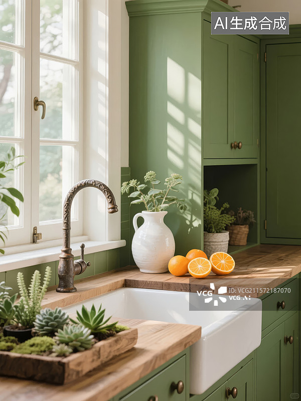 【AI数字艺术】绿色厨房中的水槽和植物图片素材