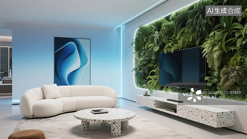 【AI数字艺术】现代客厅中的绿色植物墙图片素材