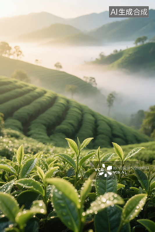 【AI数字艺术】茶山晨韵：露珠与光影交织的清新画卷图片素材