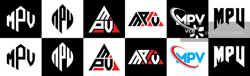 六种风格的MPV字母标志设计，MPV多边形图片素材