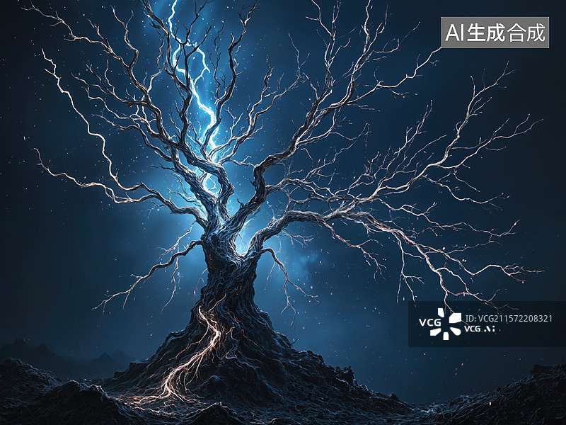 【AI数字艺术】闪电照亮枯树图片素材