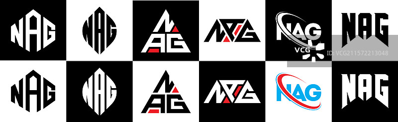 六种风格的NAG字母标志设计，采用多边形风格图片素材