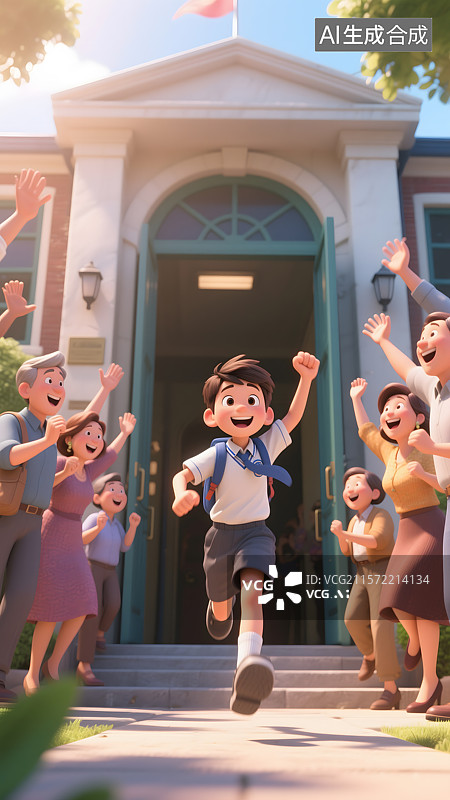 【AI数字艺术】高考完奔跑出学校的少年图片素材