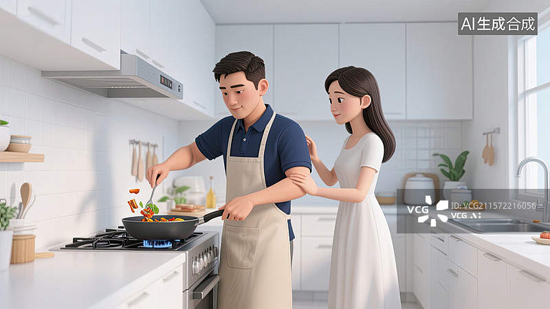 【AI数字艺术】3D，夫妻，厨房，炒菜，做饭图片素材