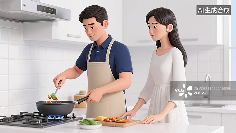 【AI数字艺术】3D，夫妻，厨房，炒菜，做饭图片素材