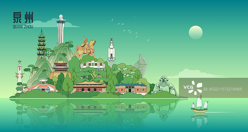 泉州城市建筑描边矢量插画图片素材