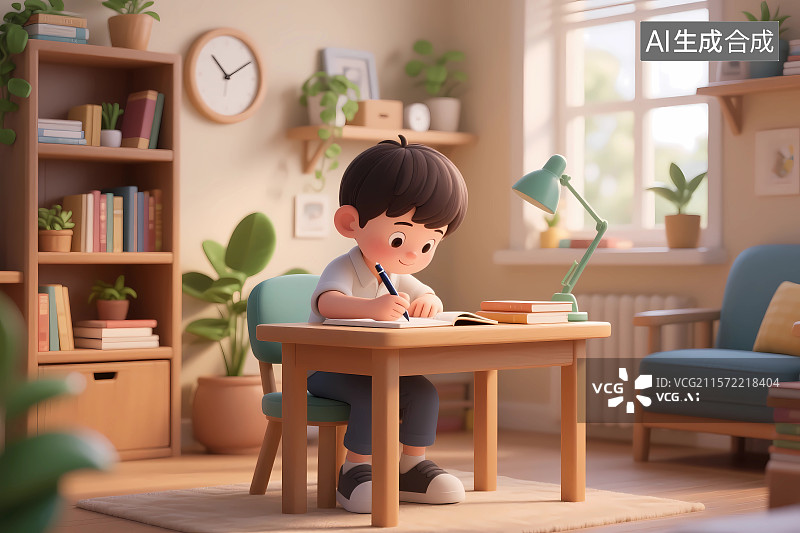 【AI数字艺术】写作业的男孩3D卡通插画图片素材