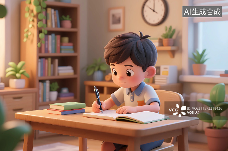 【AI数字艺术】写作业的男孩3D卡通插画图片素材