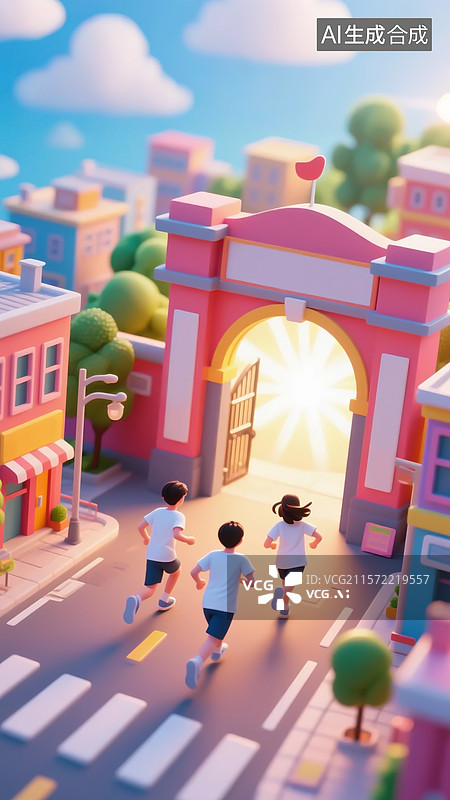 【AI数字艺术】欢快奔向校园大门，阳光洒落充满朝气图片素材