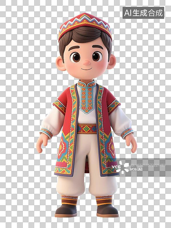 【AI数字艺术】身着民族服饰的维吾尔族卡通男孩形象图片素材