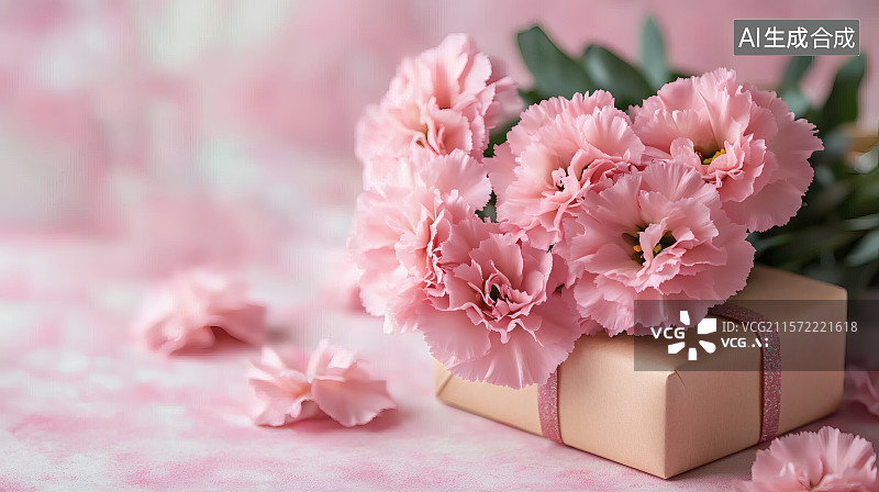【AI数字艺术】一束新鲜的康乃馨，花朵下压着的礼物图片素材