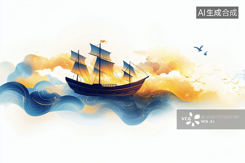 【AI数字艺术】国潮风，一艘在海浪中行驶的古代帆船图片素材