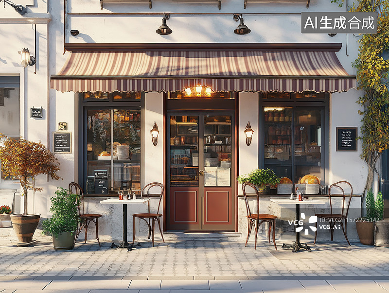【AI数字艺术】街角咖啡馆的温馨户外座位图片素材