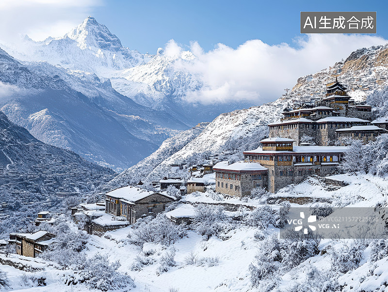 【AI数字艺术】雪山脚下古建筑群图片素材