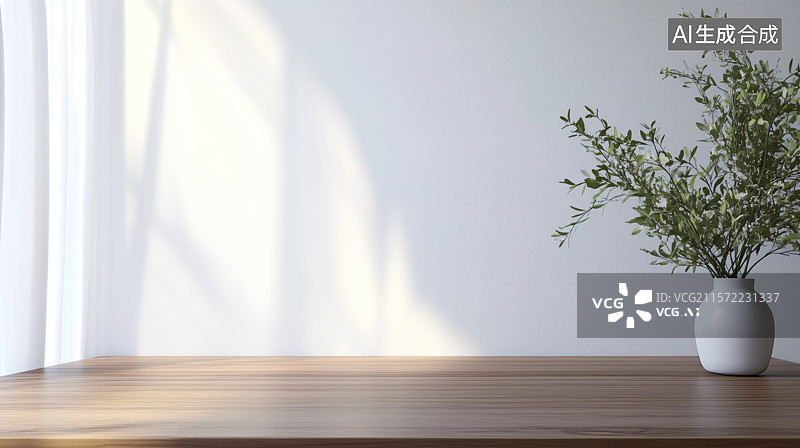 【AI数字艺术】窗边木质桌面与绿植静景图片素材