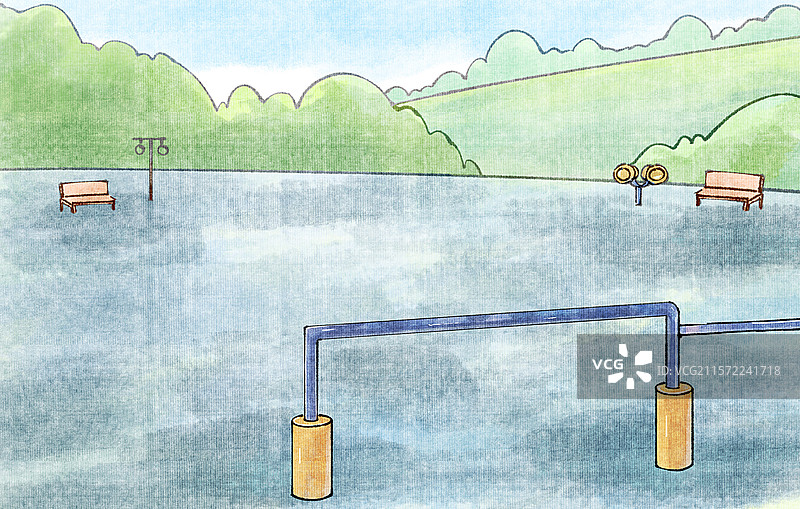 手绘水墨公园空旷地板和绿色草地植物背景图片素材