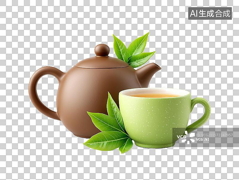 【AI数字艺术】【免抠png素材】3D卡通中式茶壶和茶杯图片素材