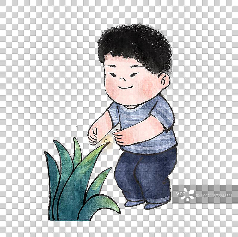 手绘水墨男孩准备抓萤火虫免抠元素图片素材