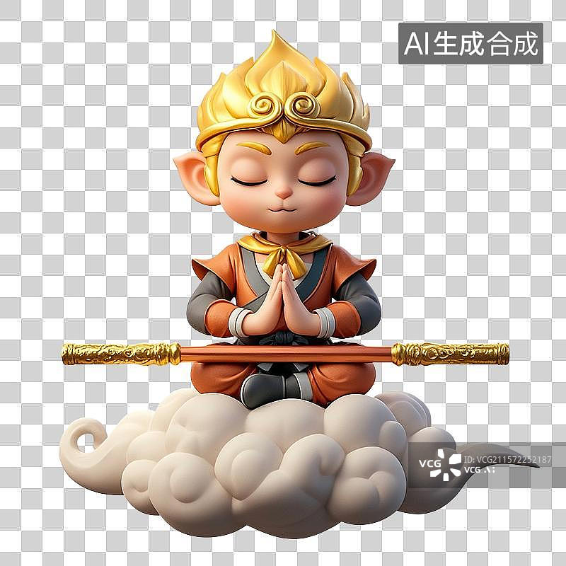 【AI数字艺术】3D渲染Q版孙悟空，齐天大圣，中国神话人物，孙悟空，筋斗云，免抠元素图片素材