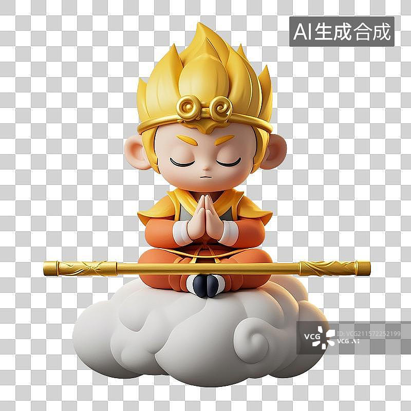 【AI数字艺术】3D渲染Q版孙悟空，齐天大圣，中国神话人物，孙悟空，筋斗云，免抠元素图片素材