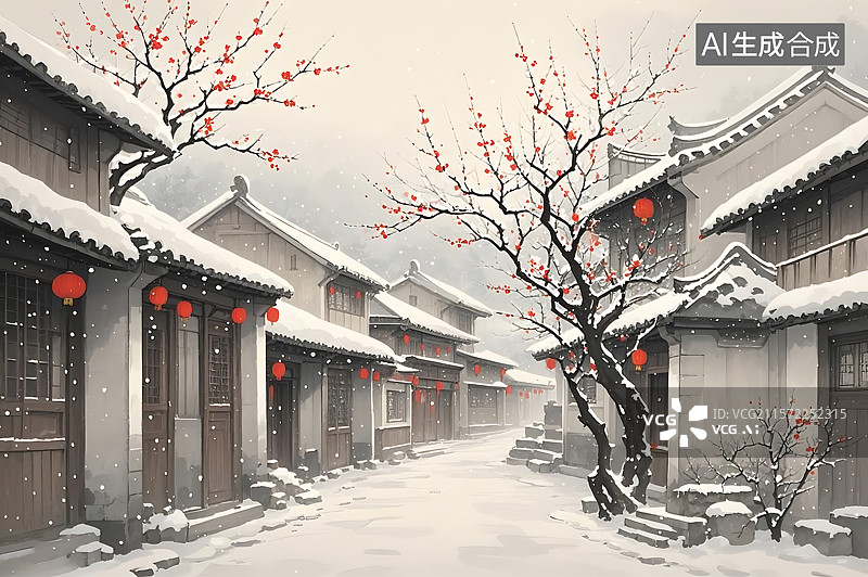【AI数字艺术】冬日雪景古镇街道图片素材
