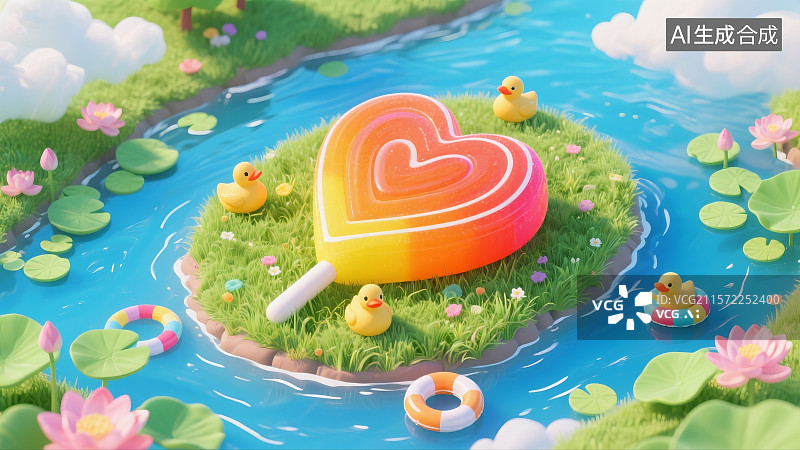 【AI数字艺术】春夏鸟瞰彩色爱心棒棒糖小鸭子池塘荷花场景海报图片素材