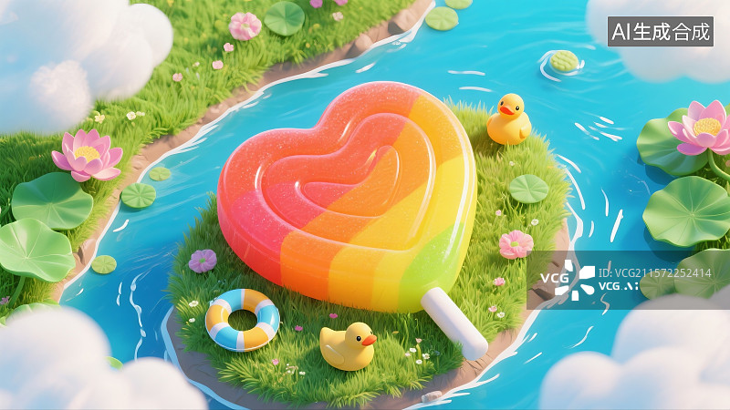 【AI数字艺术】春夏鸟瞰彩色爱心棒棒糖小鸭子池塘荷花场景海报图片素材