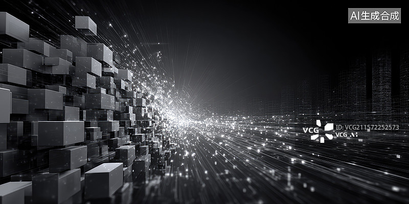 【AI数字艺术】未来网络空间概念深灰色抽象背景中几何结构顶部的机器人现代6G技术和数字元宇宙商业网络科技会议金融报告图片素材