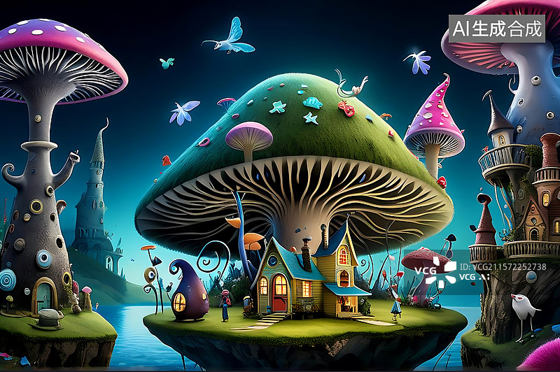 【AI数字艺术】梦幻蘑菇屋童话世界图片素材