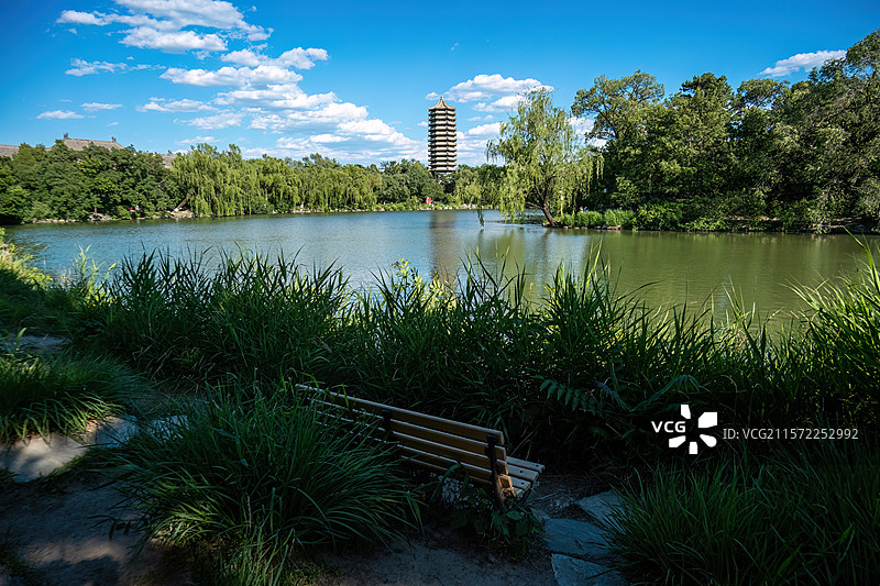 夏日蓝天白云下的北京大学未名湖、博雅塔图片素材