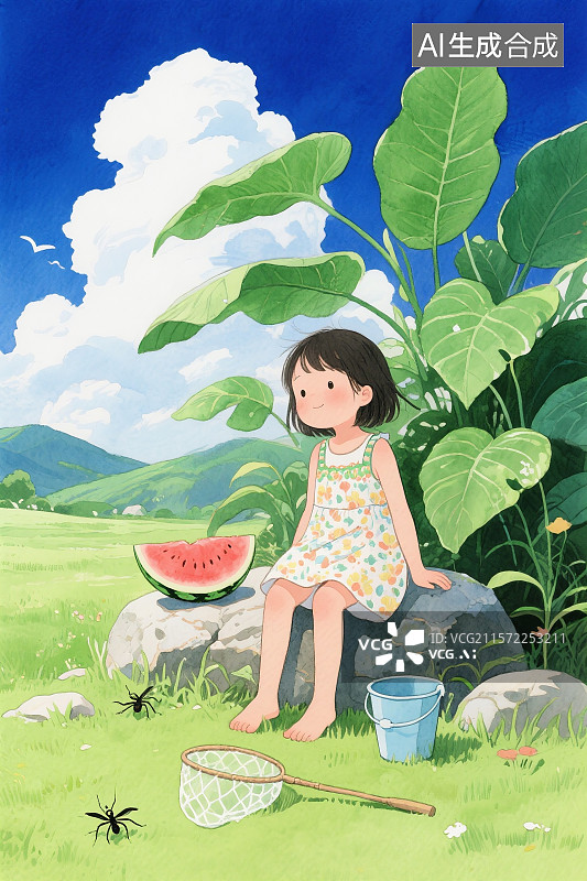 【AI数字艺术】夏日小女孩坐在石头上西瓜植物蓝天白云插画图片素材