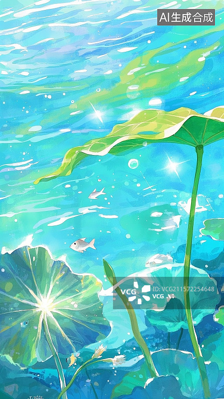 【AI数字艺术】夏日水下世界鱼群荷叶水花插画图片素材