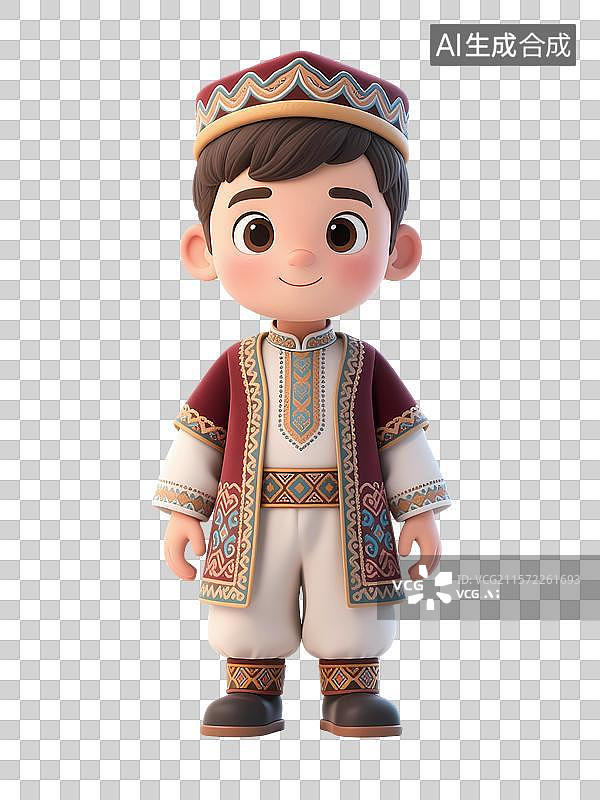 【AI数字艺术】身着民族服饰的维吾尔族卡通男孩形象图片素材